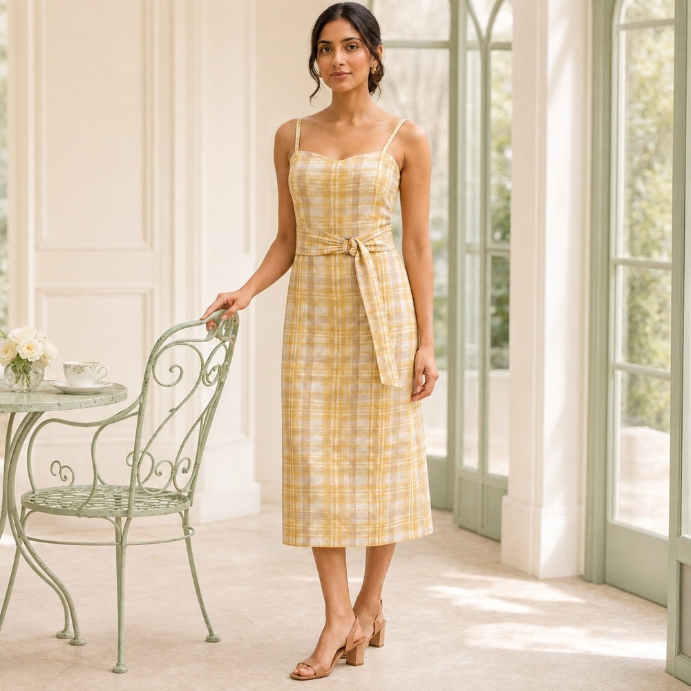 Ann Taylor Factory Dress Butter Yellow Tan Plaid Sleeveless Midi Size 4 Belt